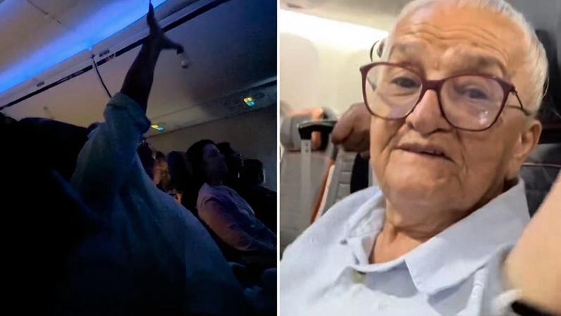 Idosa emociona ao orar com as mãos erguidas antes da decolagem