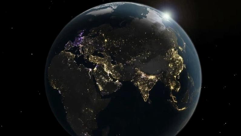 A night-time view of Earth, derived from satellite images taken daily over the past decade, capturing human activity on the planet through the emissions of artificial light, is seen in this image released on 8 April 2026.