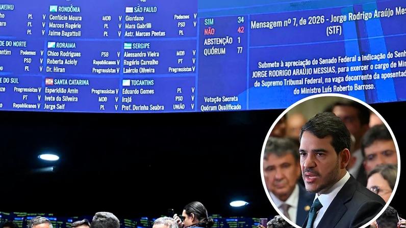 Votação teve apenas 34 dos 41 votos necessários para a aprovação; no destaque, Jorge Messias em entrevista coletiva. (Foto: Waldemir Barreto/Ton Molina/Agência Senado)