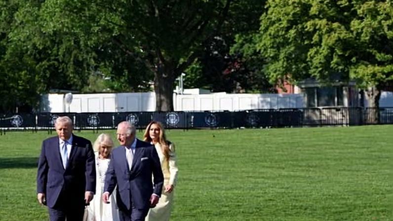 Donald Trump, first lady Melania Trump, King Charles III and Queen Camilla arrive to look at the White House garden and bee hive on the South Lawn of the White House on day one of their state visit, on Monday.
