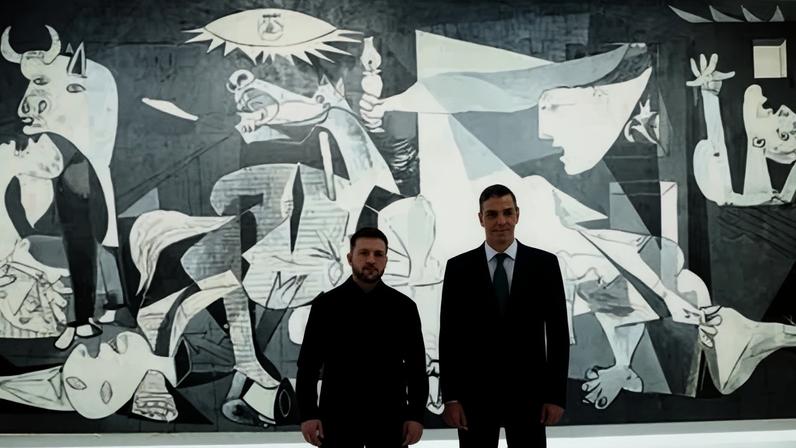 Ukrainian president Volodymyr Zelenskyy with Spanish prime minister Pedro Sánchez in front of Guernica in Madrid, Spain, 18 November 2025.
