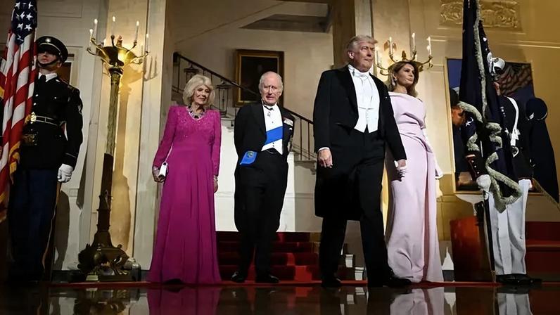 President Trump and the first lady, Melania Trump, welcomed King Charles III of Britain and Queen Camilla to the White House on Tuesday evening for a state dinner.
