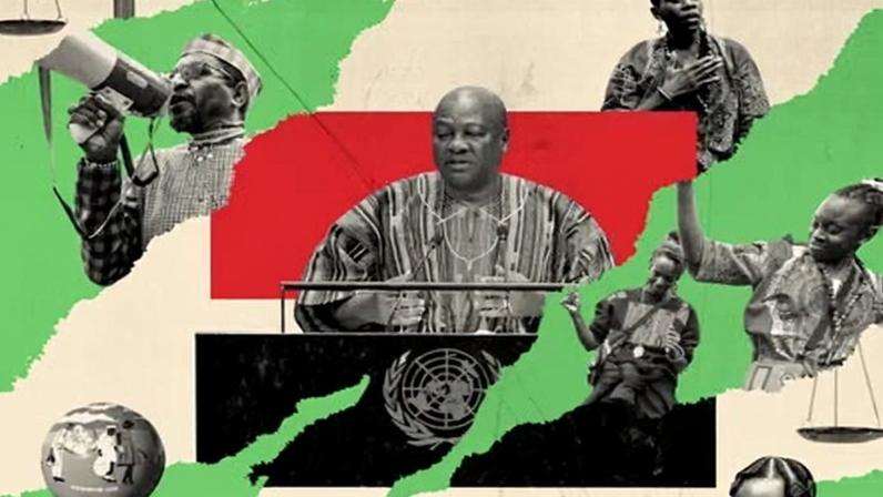 A composite image of people from the Black diaspora, a globe and some weighing scales (represented in black and white) against a patterned background of cream, red and green.