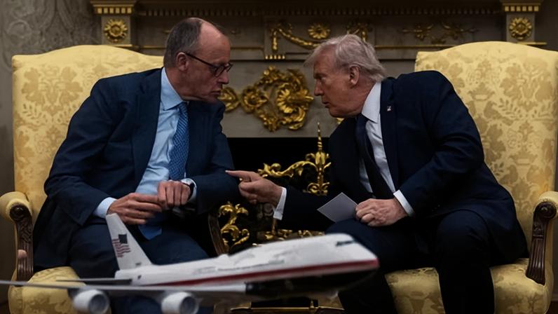 President Donald Trump, right, talks with German Chancellor Friedrich Merz at a White House meeting last month
