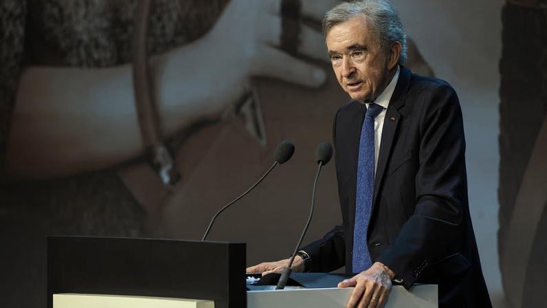 Bernard Arnault delivers a speech during LVMH's annual general meeting in Paris.