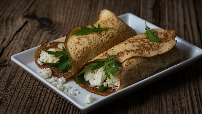 Crepioca recheada com tofu e rúcula
