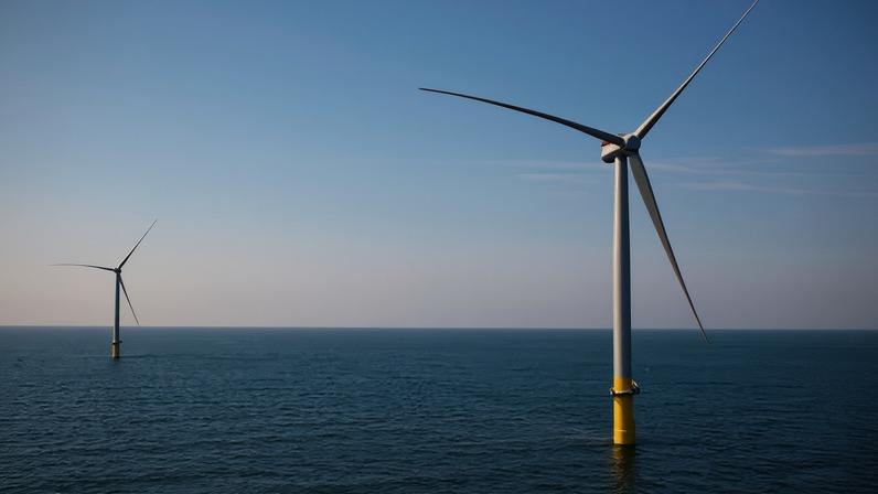 Wind turbines off the coast of Virginia Beach, Virginia, on 29 June 2020.