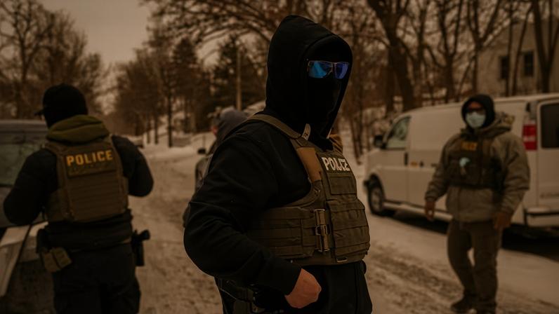 Federal law enforcement agents outside a private residence in St Paul, Minnesota, on 18 January 2026.