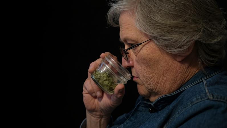 Juree Burgett cheira flores de cannabis em uma loja em Kansas City, em 17 de março de 2023 - AFP