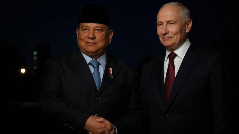 Russian president Vladimir Putin, right, and Indonesian president Prabowo Subianto, pose for a photo during their meeting at the Kremlin in Moscow, on 13 April 2026.