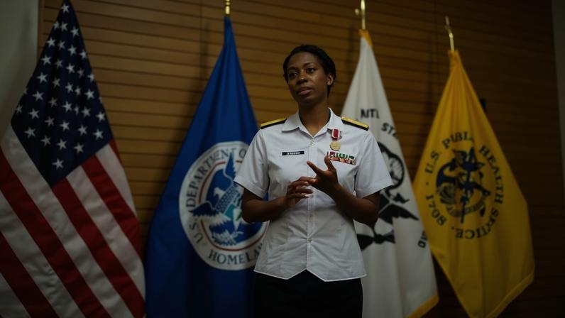 Erica Schwartz speaks to attendees of her frocking ceremony at the Coast Guard Headquarters in Washington in August 2015.