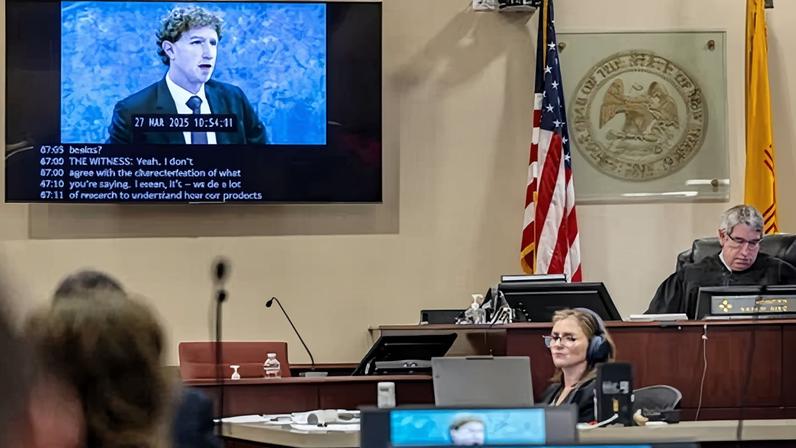 A recording of Meta founder and CEO Mark Zuckerberg's deposition is played for jurors on 4 March 2026 in Santa Fe, New Mexico.