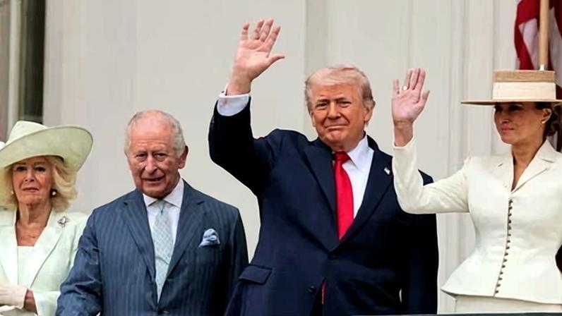 Camilla and Charles with Donald and Melania Trump on the balcony of the White House. The two men held bilateral talks on Tuesday.