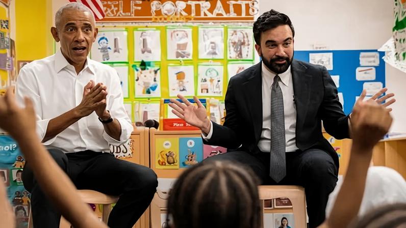 Former President Barack Obama and Mayor Zohran Mamdani sing Wheels on the Bus to children at Learning Through Play Pre-K in the Bronx in New York, on 18 April 2026.