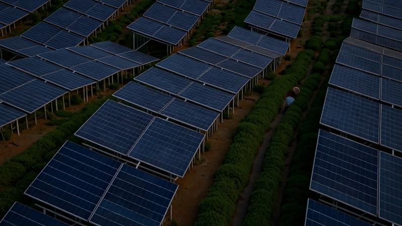 Solar panels are underplanted with rows of tea bushes in Shaoxing, in China’s Zhejiang Province.