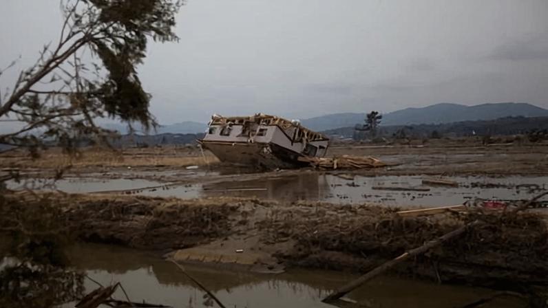 A house sits upside down in a field along the coast near Yamamoto, north-east Japan, after the earthquake and tsunami in March 2011.