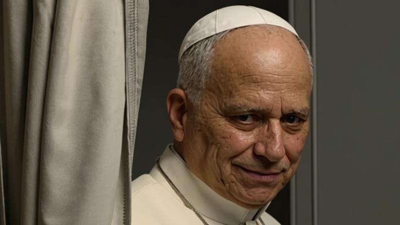 Pope Leo XIV aboard the papal plane on his way to Luanda, Angola, on 18 April 2026.