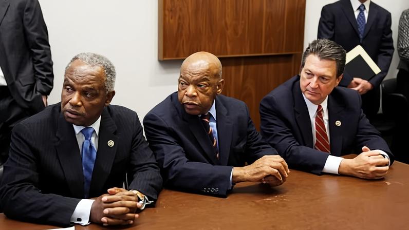 David Scott, John Lewis and Lynn Westmoreland, all former Georgia representatives, took their seats as the Georgia congressional delegation meets over the state’s use of Lake Lanier's water on Capitol Hill on 21 July 2009.