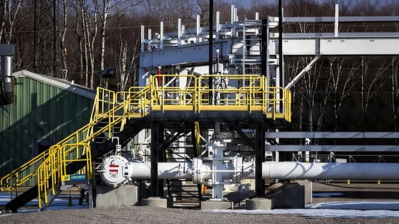 A view of Enbridge’s Mackinaw facility, servicing the company’s existing underwater Line 5 pipeline and its planned replacement tunnel in Mackinaw City, Michigan, on 25 February 2024.