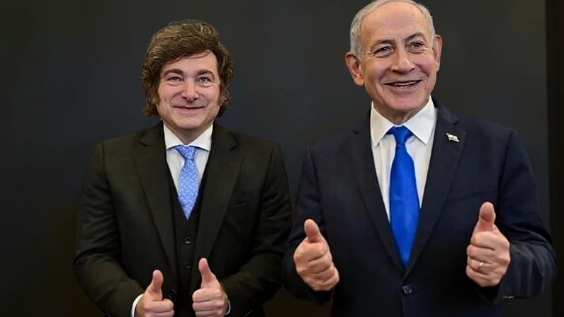 O primeiro-ministro Benjamin Netanyahu (à direita) junto ao presidente argentino Javier Milei em Jerusalém, em 19 de abril de 2026. (Foto: Kobi Gideon/GPO)