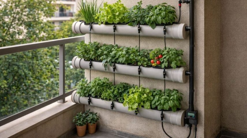 Horta vertical com irrigação automática facilita cultivo em espaços reduzidos