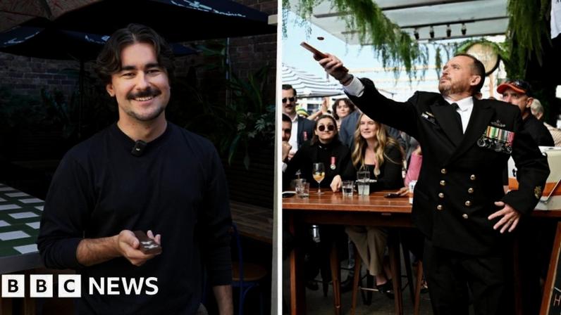 Split screen of BBC journalist in a pub garden holding a wooden paddle with two coins on it, and a man who is in a pub garden tossing two coins off a wooden paddle.