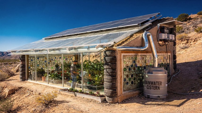 O resultado são residências construídas com centenas de pneus compactados com terra (que viram paredes estruturais), latas de alumínio e garrafas de vidro (que formam paredes translúcidas), barro e madeira