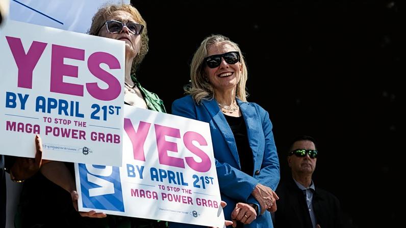 Abigail Spanberger, governor of Virginia, during a "Virginians For Fair Elections" canvassing event in Woodbridge, Virginia, on 18 April 2026.