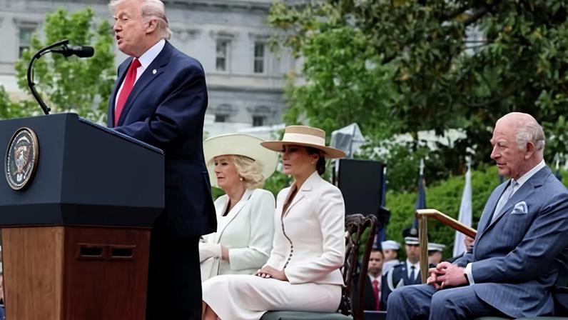 President Donald Trump speaking at ceremonial military welcome for King Charles III and Queen Camilla alongside first lady Melania Trump