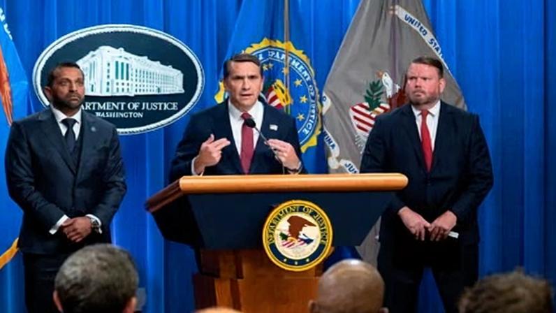 FBI director Kash Patel, acting attorney general Todd Blanche, and Ellis Boyle, US attorney for the eastern district of North Carolina, announce in Washington DC that James Comey has been indicted, on Tuesday.