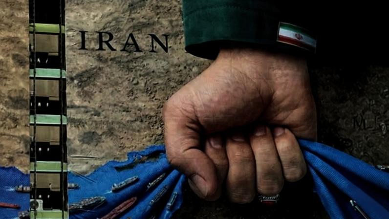A large-scale billboard in Tehran representing the strait of Hormuz, with the slogan “Forever in Iran’s hand”, 15 April 2026.