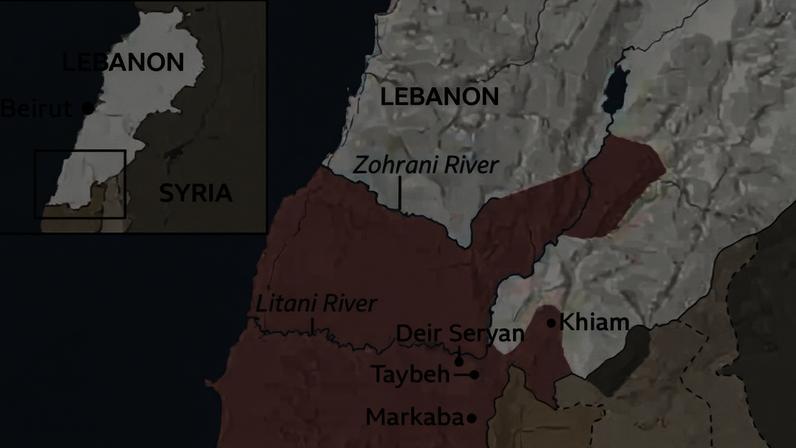 An annotated map showing the locations of seven villages and towns in southern Lebanon where Israeli demolitions took place. It also shows a red area which represent the locations of the IDF evacuation notices.