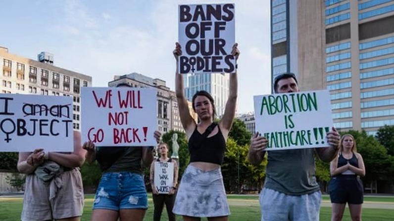 Abortion rights activists protest after the overturning of Roe v Wade by the US supreme court, in downtown Nashville, Tennessee, in June 2022.
