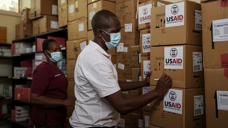 Workers at a hospital in Lodwar, Kenya, take inventory of the last boxes of drugs delivered by USAID, on 1 April 2025.
