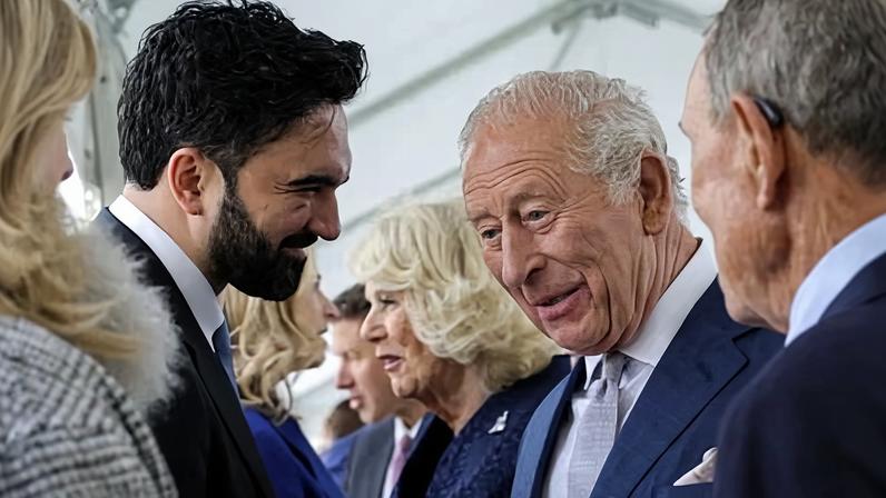 King Charles, with Queen Camilla beyond him, and New York City mayor Zohran Mamdani visit at the 9/11 memorial in New York City on Wednesday.