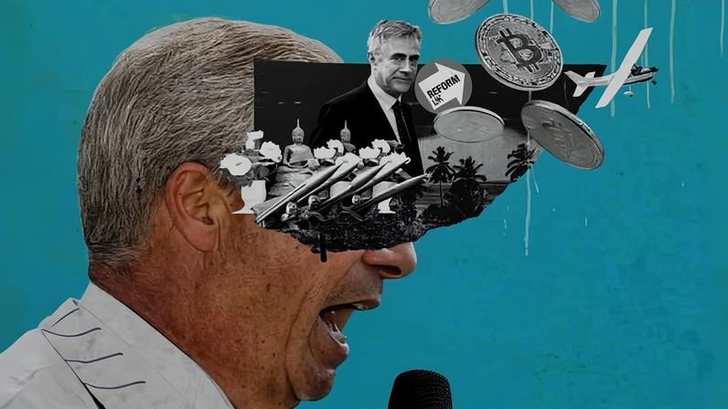 Illustration showing a photograph of Nigel Farage side-on, speaking into a microphone, with, over part of his face, a composite showing Christopher Harborne, the Reform UK logo, bitcoins, a private plane, missiles over a torn photograph of an exotic location