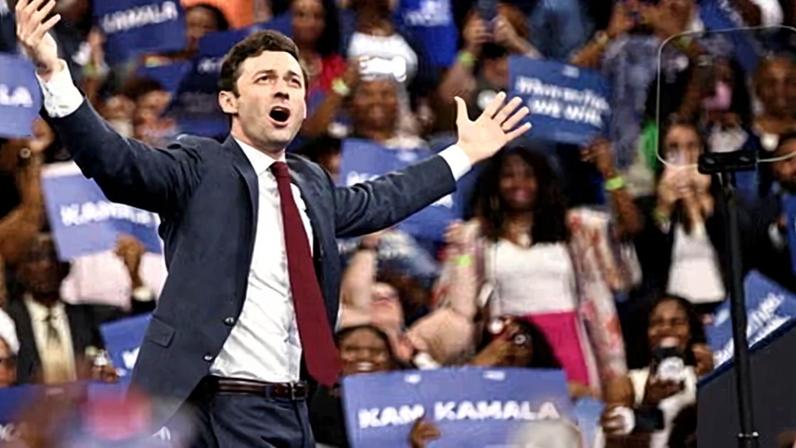 Jon Ossoff at a presidential election campaign event for Kamala Harris in Atlanta, Georgia, in 2024.