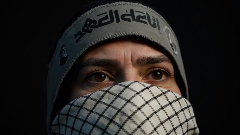 BBC A woman wearing a Hezbollah headband underneath a blown-out building