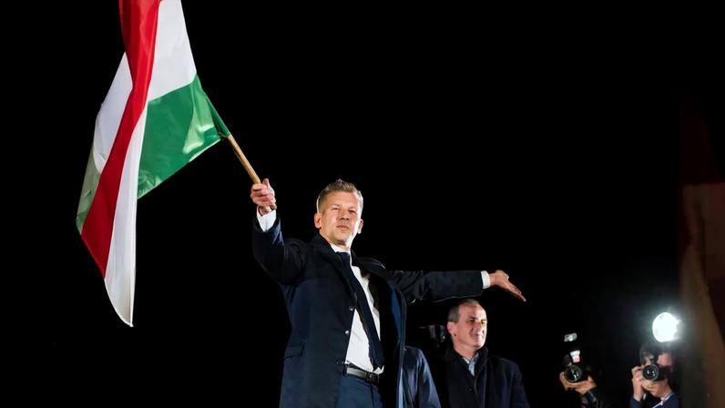 Peter Magyar after his speech during the Tisza party's election night event in Budapest on 12 April