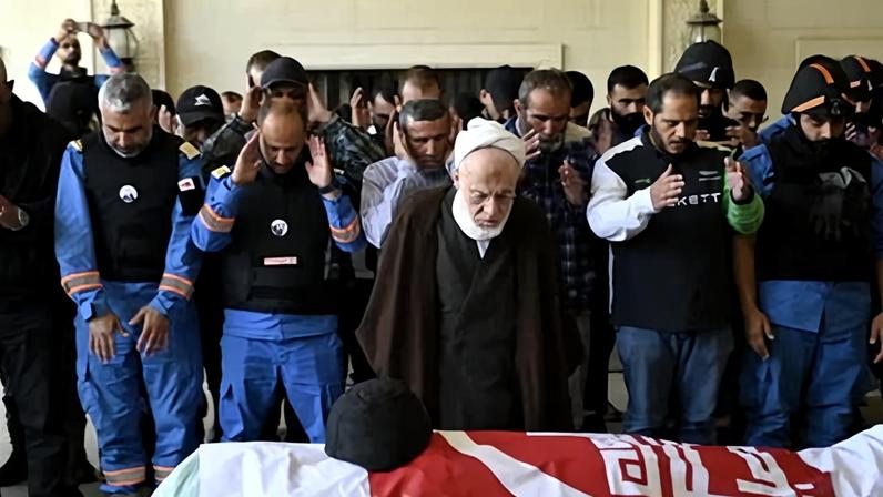 The funeral ceremony for a volunteer medic killed in an Israeli airstrike in Sidon, Lebanon, on Thursday.