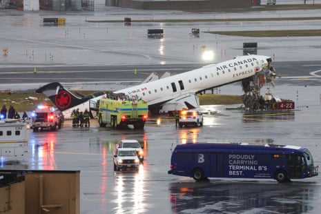 Air Canada’s plane on the runway after colliding with a fire truck at LaGuardia airport in New York.