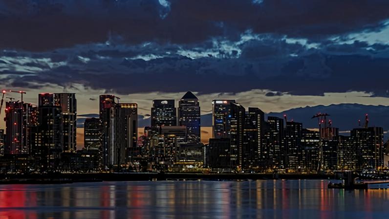 The London skyline from the Thames Barrier, London.