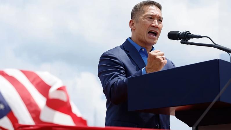 Hung Cao speaks during a rally for Donald Trump at Greenbrier Farms on 28 June 2024 in Chesapeake, Virginia.
