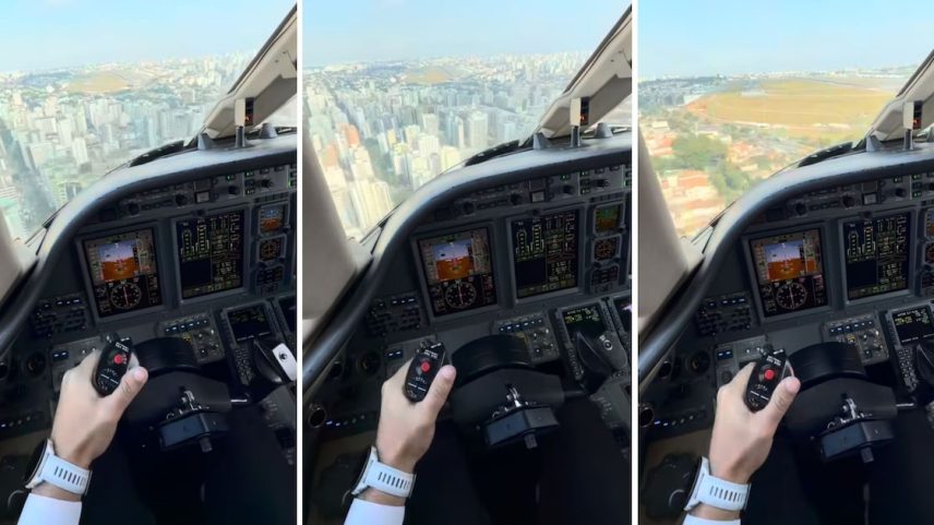 Rogério Mercaldi registrou o avião passando por área cercada por prédios ao se aproximar do aeroporto. Crédito: Estadão