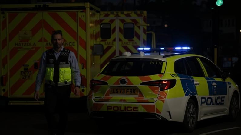 Ben Grossnass, a volunteer with the Jewish security group Shomrim, at the scene where two people were stabbed in Golders Green, London on Wednesday.