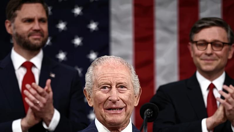 Vance andJohnson clapping as they stand behind a smiling Charles. In the background is a US flag