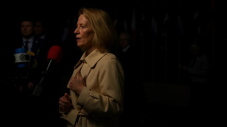 Kaja Kallas, the EU foreign policy chief, outside the European Council building in Luxembourg before Tuesday’s meeting.