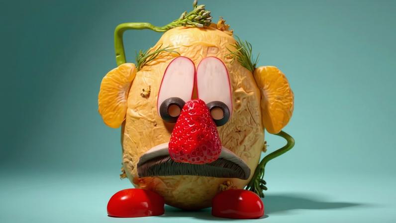 A potato decorated with fruits and vegetables to create a face