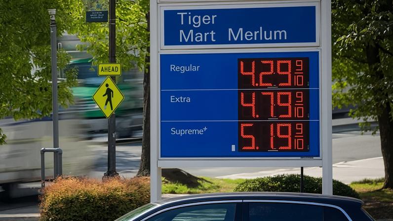 Gas prices displayed outside an Exxon filling station in Washington DC on 20 April 2026.
