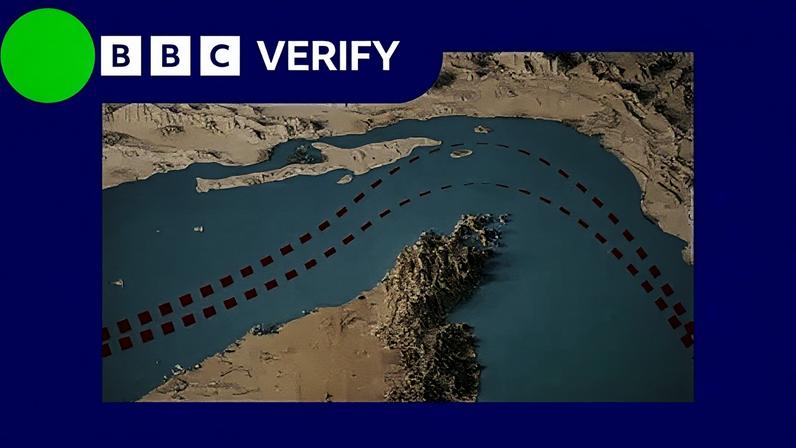 Getty Images A satellite image of the Strait of Hormuz with two red lines to show shipping lanes.